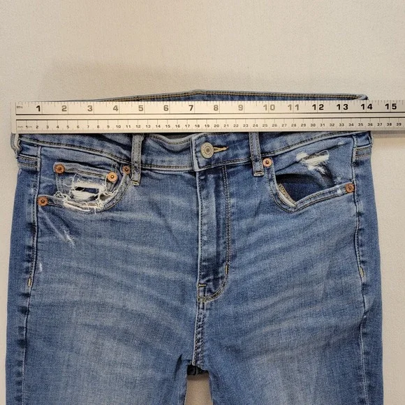 American Eagle Jeans Womens 4 Super High Rise Flare Raw Hem Stretch Ripped Denim - Picture 9 of 11